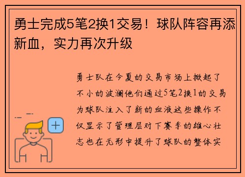 勇士完成5笔2换1交易！球队阵容再添新血，实力再次升级