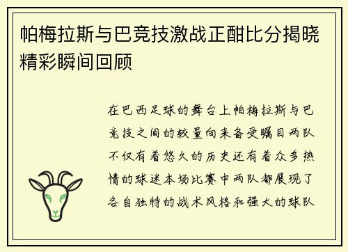 帕梅拉斯与巴竞技激战正酣比分揭晓精彩瞬间回顾
